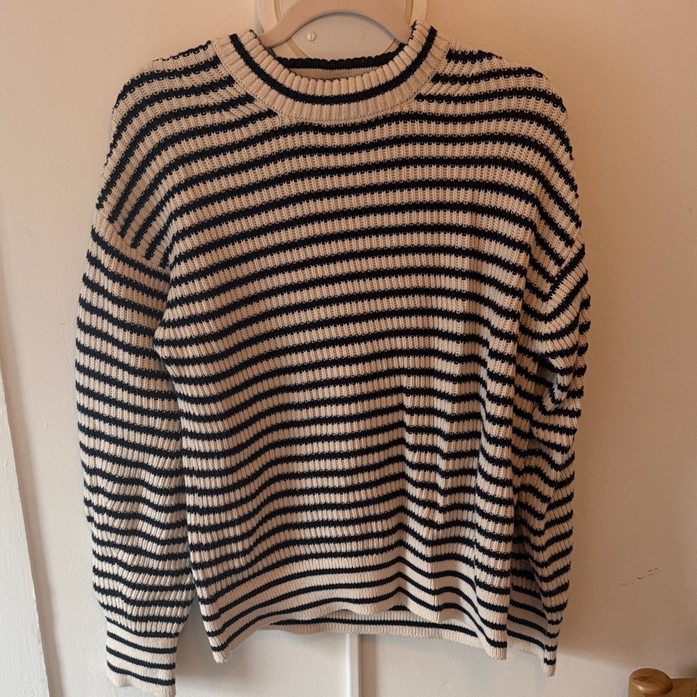 Everlane Black and Cream Striped Knit Sweater